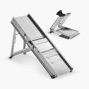 Bron Coucke Professional Stainless Steel Mandoline with 2 Integrated Blades, Adjustable Thickness, Protective Carriage, Foldable Legs, 12 in