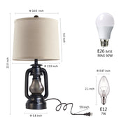 JUJUYUYOP Farmhouse Lantern Table Lamp Set of 2 with Dual USB Charging Ports, Black Metal Base, Beige Linen Shade, Includes 4 LED Bulbs, 22 in RO-001