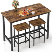 JOZ 3-Piece Bar Table Set with 2 Backless Stools, 47.2 in Rectangular Pub Table, Rustic Brown Metal Frame, Space-Saving Dining Room Set