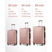 Gowill 3-Piece Luggage Sets 20/24/28 inch Travel Suitcase Set with 7PCS Organizer Bags, Rose - Sturdy & Durable