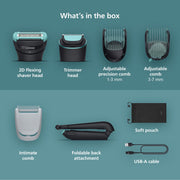 Philips Norelco Body Groomer 7000 Series, Interchangeable Dual-Head, 2D Flexing Shaver with OptiLight, Adjustable Trimmer with 11 Length Settings, Foldable Back Attachment, BG7470/50