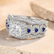 Newshe Jewellery 3.5 Ct Moissanite Bridal Ring Set, Princess Cut, 925 Sterling Silver, Blue Sapphire, Size 10