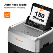 Bonsaii Paper Shredder, 150-Sheet Auto Feed, P-4 Micro-Cut, 60-Minute Continuous Operation, 6-Gallon Bin, Silver, C290-A