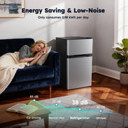 Simzlife RF-S 3.2 Cu Ft Two Door Mini Refrigerator w/Freezer, Adjustable Removable Glass Shelves, Silver