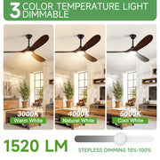 Shede Farmhouse Ceiling Fan, 60 Inch, 3 Solid Wood Blades, 6-Speed Reversible DC Motor, Dimmable 3CCT LED Light, Remote Control, Damp-Rated Indoor Outdoor, Brown