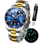 OLEVS 5885 Men's Analog Quartz Watch, Gold Dial, Luminous Hands, Stainless Steel Band, 41mm Case, Chronograph, Waterproof 30m, Gold, Blue