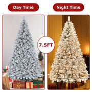 VAVSEA 7.5ft Pre-Lit Snow Flocked Christmas Tree with 350 Warm White LED Lights, 1200 Tips, Hinged Branches, Storage Bag, Christmas Fence, Tree Skirt, Gloves, Metal Stand