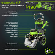 Greenworks North America PW3000HYB25 Hybrid Electric Pressure Washer, 60V, 3000 PSI, 2.0 GPM, Red, Includes 2x 5.0Ah Batteries and Dual-Port Charger