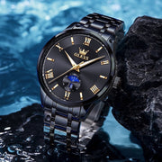 OLEVS 3638 Men's Quartz Watch, Black Stainless Steel, Waterproof 30M, Luminous Roman Numeral Dial, Dual Calendar