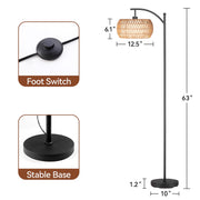 SUNMORY 63 in Dimmable Arc Floor Lamp with 3-in-1 Rattan and Linen Drum Shades, Black, Boho Farmhouse Style, 9W LED SR000026_BK