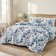 Regency Heights Full/Queen Botanical Quilt Set, 3-Piece Reversible Blue Floral and Polka Dot Coverlet Bedding with Shams, Lightweight All-Season RH14-0608