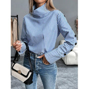Elegantia Goods Blue Striped Button-Down Shirt for Women, Lightweight Polyester, Long Sleeve, Funnel Neck, Loose Fit