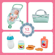 My Sweet Love Doll and Stroller Set, 12-Piece Pink Playset with Baby Doll and Accessories