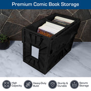 BCW Supplies Short Comic Book Bin, Heavy-Duty Acid-Free Plastic, Black, Holds 150 Comics, Stackable 5-Pack