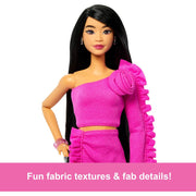 Mattel Barbie Deluxe Style Doll, Black Hair, Glittery Pink Prosthetic Leg, Pink Barbiecore Top and Skirt Set, Accessories, HYV26