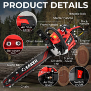 Saker 58cc Gas Chainsaw, 3.2HP 2-Cycle Engine, 20-Inch Manganese Steel Bar, Anti-Vibration Rear Handle, Safety Chain Brake, Model 5800