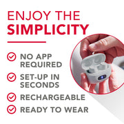 Voxx Accessories Corp. RCA OTC In-Ear Hearing Aids, Rechargeable, 15-Hour Battery Life, Smart Chip with Active Noise Cancellation, Water-Resistant Gray, Charging Case Included