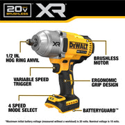 DEWALT 20V MAX XR 1/2 in High Torque Cordless Impact Wrench, Brushless Motor, 4-Speed Control, Precision Wrench, LED Work Light, Tool Only, DCF900B