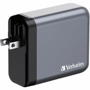 Verbatim 140W 4-Port GaN Wall Charger with USB-C PD and USB-A QC, Foldable US Prongs, Replaceable EU and UK Plugs, Black/Gray, 32203