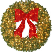 Best Choice Products Artificial Pre-Lit Fir Christmas Wreath with 150 Warm White LED Lights, Red Bow Accent, 36in, Green