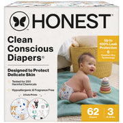 The Honest Company Clean Conscious Disposable Diapers, Size 3, 62 Count, Hypoallergenic, Fragrance-Free, Plant-Based Materials, Leak Protection, Space Travel + It's a Pawty Prints