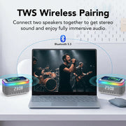 Volivo RGB 5.3 Bluetooth Speaker with Digital Alarm Clock, 15W Qi Wireless Charging, FM Radio, White Noise Sound Machine, 12-Mode RGB Ambient Lights, GF1002
