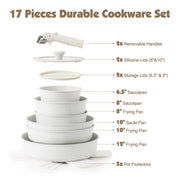 Sensarte Ceramic Nonstick Cookware Set, 17 Pieces, Detachable Handles, Induction Compatible, Oven Safe, Gray