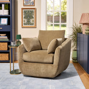 Beautiful Louisa Swivel Accent Chair, Mid-Century Modern, Stain-Treated Polyester Upholstery, Latte Finish, Includes 3 Accent Pillows