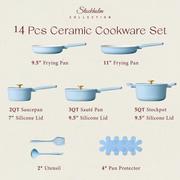 Carote A14318 14-Piece Ceramic Nonstick Cookware Set with Utensils, Induction Compatible, Sky Blue