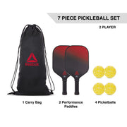 Reebok 7 Piece Pickleball Equipment Set for 2 Players, Fiberglass Paddles with Honeycomb Core, 4 Pickle Balls, Carry Bag, Red, RPKDB213-RED-T30-12