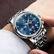OLEVS Mens Casual Quartz Chronograph Watch, Blue Dial, Two-Tone Stainless Steel Bracelet, Luminous Hands, 30m Water Resistant