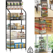 IAJXWI 4663 4-Tier Snack Display Rack with 10 Detachable Hooks, Lockable Casters, Black Metal, 23.6 x 10.6 x 67 in