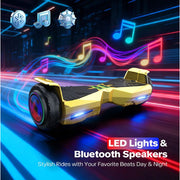 Tcdjtc Hoverboard, 9 mph Speed, Dual Motors, 6.5-Inch All Terrain Tires, LED Lights, Bluetooth Speaker, Gold