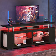 Pinmoco LED TV Stand for TVs up to 70 in, High Gloss Black Gaming Entertainment Center with Adjustable Glass Shelves, Built-in LED Lighting, PS5 Storage