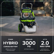Greenworks North America PW3000HYB25 Hybrid Electric Pressure Washer, 60V, 3000 PSI, 2.0 GPM, Red, Includes 2x 5.0Ah Batteries and Dual-Port Charger