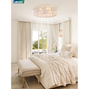 Zardon 20in Caged Ceiling Fan with Integrated LED Light, Remote Control, Reversible Motor, 6 Speeds, Flush Mount, White and Gold