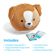 hand2mind BubblePlush Yoga Ball Buddy Puppy, Soft Washable Plush with 12 Double-Sided Yoga Cards, Kids Yoga Companion