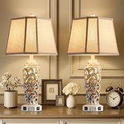 JUJUYUYOP Rustic Farmhouse Table Lamps Set of 2, 27in White with Dual USB Charging Ports and Integrated LED Bulbs, 8993