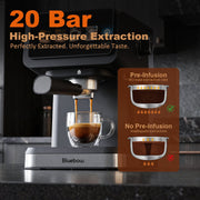 Bluebow Espresso Machine Coffee Maker with 20 Bar Pressure, Milk Frother Steam Wand, Semi-Automatic, Black, CM3160