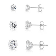 Tilo Jewelry 3 Pair set CZ Stud Earrings 14K White Gold Solitaire Round Cubic Zirconia Stud Earrings Set, 3mm 4mm 5mm, Secure Push-Backs, Unisex