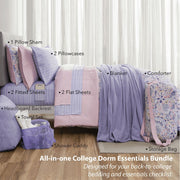 Mainstays 14pc College Dorm Essentials Bedding Set, Twin-XL, Reversible Purple Floral Comforter Bundle