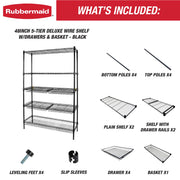 Rubbermaid 85030B 5-Tier Deluxe Heavy Duty Black Wire Shelving Unit with Drawers and Basket, 1520 lb Capacity, 48 in W x 16 in D x 72 in H