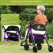 Akoasm KLD1002 Foldable Rollator Walker for Seniors w/ Adjustable Seat and Handle, 300 lb Capacity, Purple