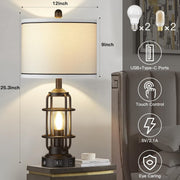 Cinkeda Modern Table Lamps Set of 2, Black Industrial Metal Frame, Beige Linen Shade, 3-Way Dimmable Touch Nightlight, USB A+C Ports, AC Outlet, 25.3 in WM-TD242
