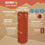 Klymit Insulated Static V Peak Inflatable Sleeping Pad, Four-Season Lightweight Camping Air Mat, Flame Red, Regular, 72 x 23 in, 1.4 lb, 06IVFM02A