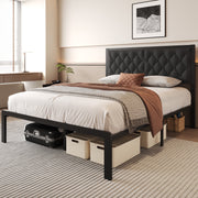 Lifezone Queen Bed Frame with Tufted Linen Upholstered Headboard, Metal Support, No Box Spring Needed, Grey