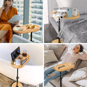 NiHome Bamboo Swivel TV Tray Table, Adjustable Height 18-31 in, Stable Non-Tipping Base, 360 Rotating Partitioned Desktop, Waterproof Yellow
