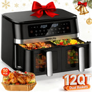 HoninJoy DUAF-LR-100A 12 QT Dual Basket Air Fryer, Digital LED Touchscreen, 8 Presets, Nonstick Dishwasher-Safe Baskets