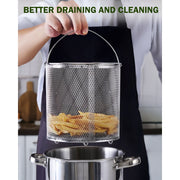 Cook N Home Deep Fryer Pot, 5-Quart Japanese Tempura, 304 Stainless Steel with Temperature Control Thermometer, Oil Drip Rack, Tempered Glass Lid, 02872