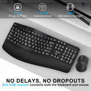 RECCAZR EK30 Wireless Keyboard and Mouse Combo, Ergonomic Wave Keys Keyboard with Wrist Rest, Black